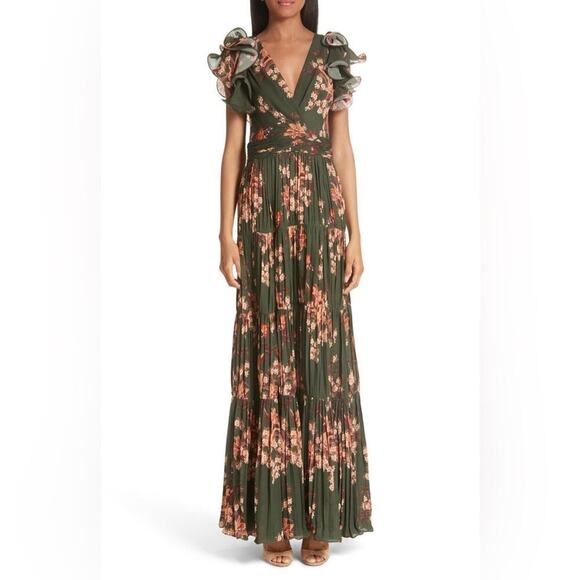 Johanna Ortiz Renaissance Forest Green Floral Print Ruffle Silk Maxi Gown 2 - Picture 1 of 15